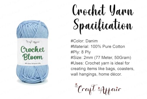 Image of Craft Affair | Crochet Bloom Cotton Yarn 8ply (2mm, 77Meter, 50Gram) 100% Pure Cotton | Knitting Yarn | for Embroidery, Craft & DIY Project: Denim