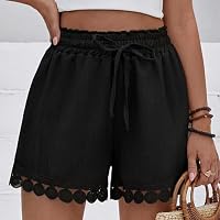 Mnking Shorts Damen Sommer Kordelzug Badeshorts Cover Up Elastisch High Waist Kurze Hose Leicht Atmungsaktiv Strandshorts mit Spitzenbesatz für Pool Strand Urlaub KZ8528W-Black-2XL – Ansicht 3