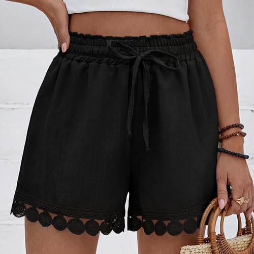 Mnking Shorts Femmes Été Cordon de Serrage Short de Bain Cover Up Élastique Taille Haute Léger Respirant Short Plage avec Bordure en Dentelle pour Piscine Plage Vacances Noir L – vue 3