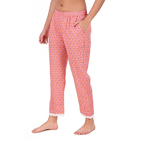 Image of Soulful Threads Women Peach Kantha Work Floral Printed Cotton Lounge Pant (ST152959)