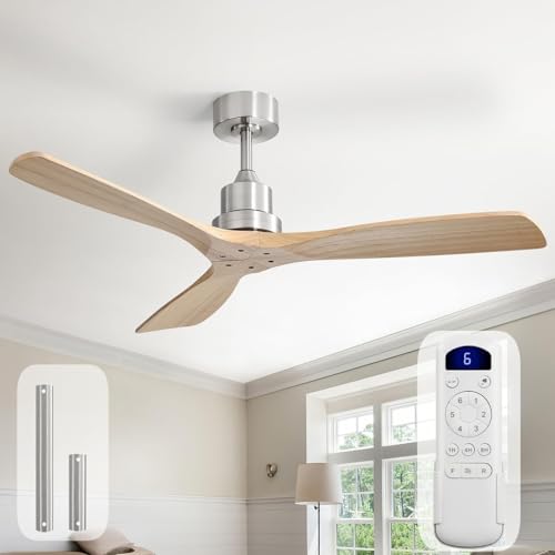Image of Sofucor 52 Inch Wood Ceiling Fan No Light, Without Light, Remote Control | Without Light, Quiet Reversible DC Motor, 6 Speeds, Timer, Indoor /Covered Outdoor /Bedroom /Living Room /Patio, Natural Wood