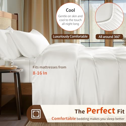 LBRO2M Mulberry Silk Modal Blending Satin Sheets Set Queen Size Fitted Sheet16 Deep Pocket Cool Bedding Sheet 4 Piece Wrinkle Resistant Soft Breathable (Queen, White) - Image 5