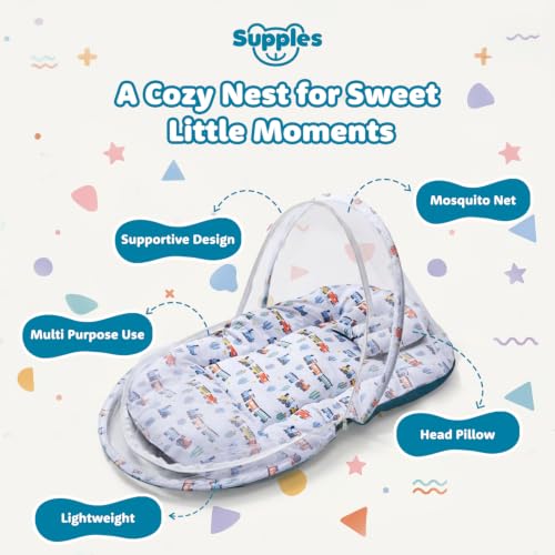 Image of Amazon Brand - Supples Baby Bed Mattress with Mosquito net | Toy Vehicle Print | Blue
