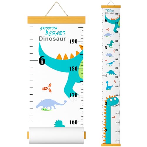 Image of Growth Chart for Kids, Height Chart for Kids/Boys/Girls/Baby, Canvas & Wooden, Removable Growth Height Chart, Christmas Wall Room Decor -Dinosaur