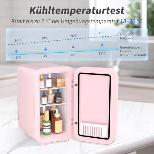 YASHE Mini-Kühlschrank, 6 Liter/8 Dosen, 220–240 V AC/DC, tragbarer thermoelektrischer Kühler, Kühlschränke für Schlafzimmer, Hautpflege, Getränke, Büro, Wohnheim und Auto, Pink