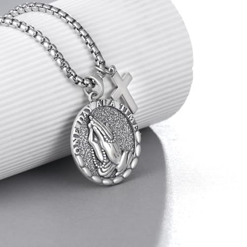 925 Sterling Silver Serenity Prayer Necklace Praying Hands Pendant with Cross Charm Religious Jewelry for Men Women2
