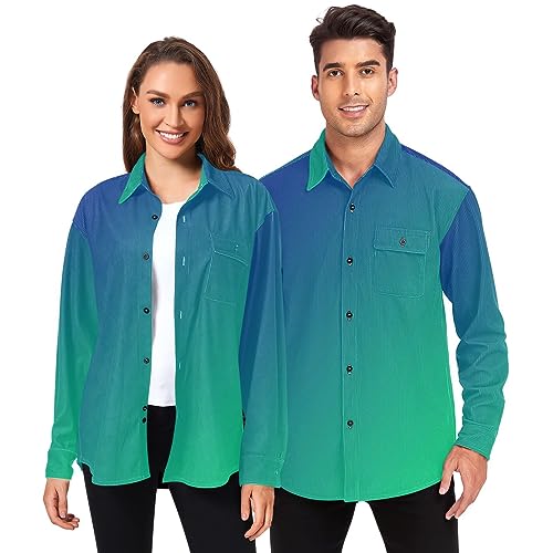 UMIRIKO Men's and Women's Dark Blue Green Long Sleeve Button