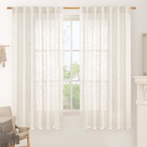 LAMIT Cream Semi Sheer Linen Curtains 60 Inch, Light Filtering Panels