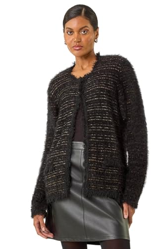 Image of Roman Originals Fluffy Textured Knit Cardigan for Women UK - Ladies Everyday Autumn Winter Comfy Soft Evening Vacation Work Party Night Out - Black - Size 16
