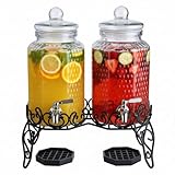 Double Glass Beverage Dispenser Set - 2 Gallon Punch Dispensers with Stand, Spigot, and Drip Trays | Ideal for Juice, Tea, and Party Drinks | Elegant Pitcher for Parties and Events