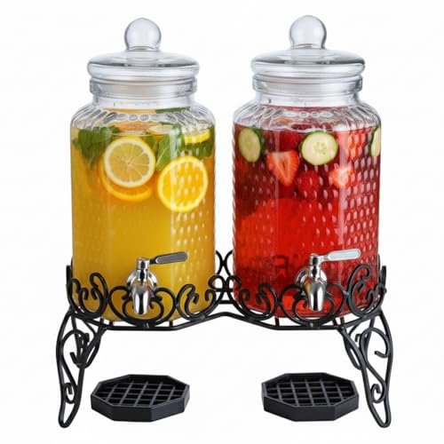 Double Glass Beverage Dispenser Set - 2 Gallon Punch Dispensers with Stand, Spigot, and Drip Trays | Ideal for Juice, Tea, and Party Drinks | Elegant Pitcher for Parties and Events