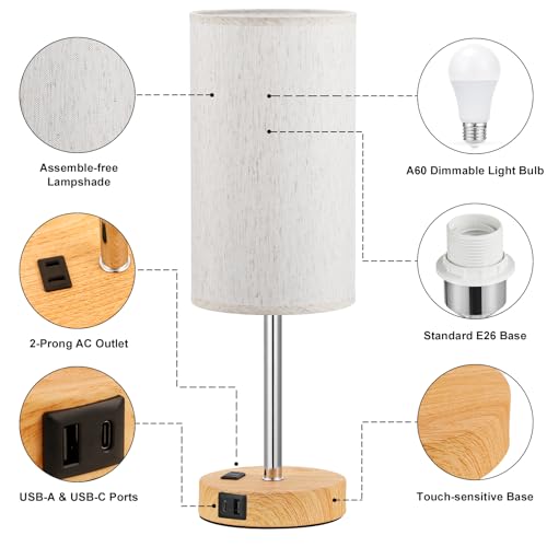image for Fenmzee Touch Table Lamp - Cream, 3-Way Dimmable, USB A + C Charging, 