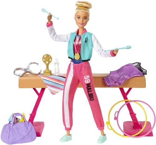 Barbie You Can Be Anything Series, Turnerin, Puppe mit blonden Haaren, Schwebebalken, Turnbeutel, Goldmedaille, Zubehör, 1 Puppe inklusive, Geschenk für Kinder ab 3 Jahren,GJM72