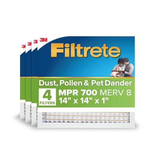 Filtrete 14x14x1 Air Filter MERV 8 MPR 700 Dust Pollen & Pet Dander Reduction 3-Month AC and Furnace Filter Easy on Air Flow 4 HVAC Filters (Actual Size 13.688 x 13.688 x 0.78 in)