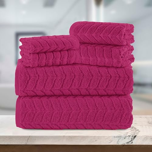 Image of Elegant Comfort Luxury 6-Piece 100% Turkish Cotton Jacquard Braided Textured Premium Hotel Quality Towel Set- Soft and Absorbent, Includes 2 Bath Towels, 2 Hand Towels and 2 Washcloths, Hot Pink