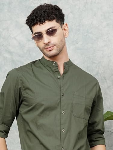 Image of THE INDIAN GARAGE CO Men Regular Fit Solid Full Sleeves Mandarin Collar Casual Shirt