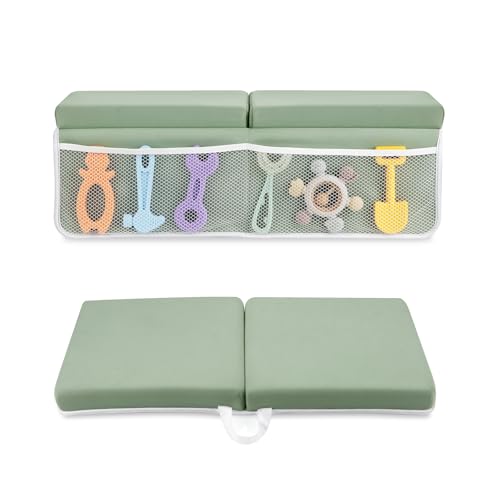 PandaEar Baby Bath Kneeler & Elbow Rest Pad, Comfortable Non-Slip Kneeling Mat Cushion with Toy Organizer Storage Pockets, Foldable Foam Mat for Toddler Bathroom Bathing Time (Green)