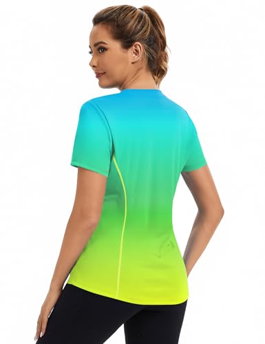 Avoogue Women\'s Activewear Short Sleeve UV Shirts Moisture Wicking Loose Workout Running Gym Tops Outfits Rashguard(Blue Gradient Yellow,XXL)