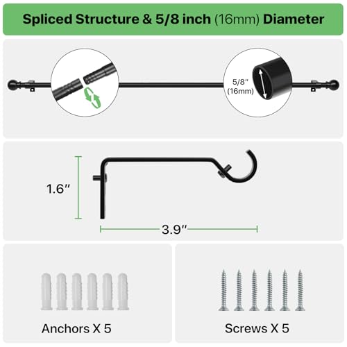 2 Pack Curtain Poles, Matt Black 3m Long Curtain Pole for Eyelet Curtains, Adjustable Curtain Rod for Bedroom with Brackets, 16mm Diameter 10ft Metal Curtain Pole - Image 3