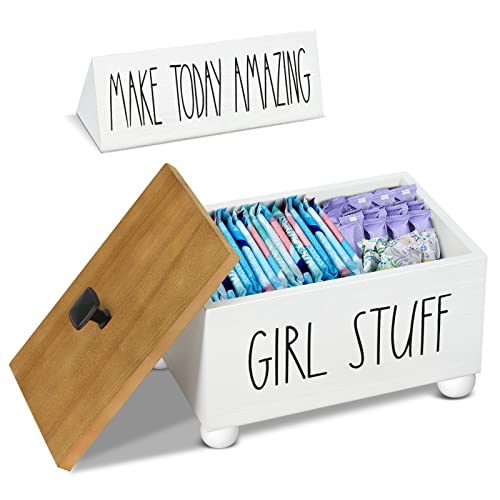 Tampon Holder For Bathroom, Tampon And Pad Holder Organizer With Lid, Countertop Tampon And Pad Storage Container With Decorative Bathroom Wooden Sign For Bathroom Accessories,Feminine Products Caddy #TOP30