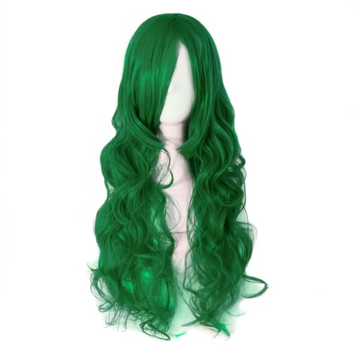 MapofBeauty 28 Inch/70 cm Long Wavy Fashion Charming Side Bangs Cosplay Party Curly Wig (Grass Green)