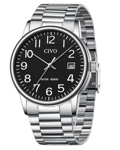 CIVO Watches for Men Analog Quartz: Waterproof Watch with Numeral Dial Easy to Read - Silver Watch for Business Casual - Dress Classic Mens Wrist Watch, Black Dial