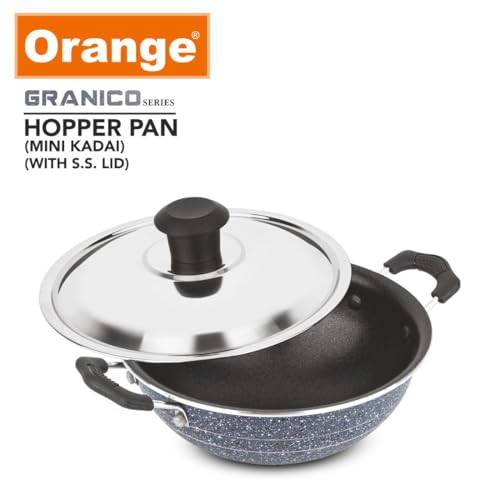 Image of Orange Granico Series Non-Stick Mini kadai /Hopper pan with Stainless Steel Lid, Aluminium 2.6mm Thickness | Free Nylon Spatula & Scrubber | 175mm, 1 Lit Capacity | Gas Stove Friendly | 1Year Warranty