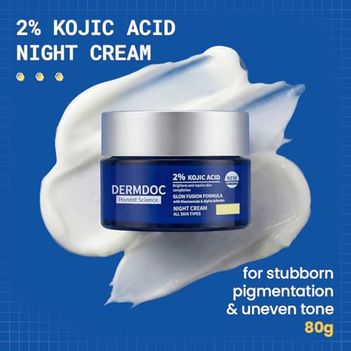 Image of DERMDOC 2% Kojic Acid Glow Fusion Formula Night Cream, 80gm | Niacinamide & Alpha Arbutin | Skin Brightening Face Cream | Reduces Dark Spots & Pigmentation | Even & Glowing Skin