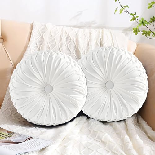 Image of HIG Set of 2 Decorative Round Pleated Throw Pillows, Classy Accent Pumpkin Throw Pillows with Center Button, Vintage Velvet Floor Pillows for Sofa Vanity Chair Bed, White, 14.5 inch Diameter(Ripple)