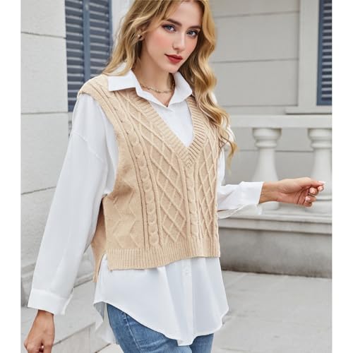 Image of Blostirno Women's Sweater Vest V Neck Sleeveless Casual Ribbed Cable Cropped Pullover Vests Argyle Plaid Knit Tank Tops