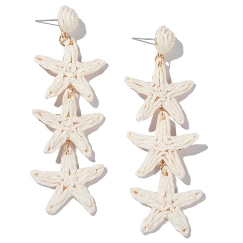 Boho Starfish Shell Seashell Earrings Cute Dangle Drop Earrings Statemnet Trendy Summer Beach Jewelry Long Fun Earring for Women(Ivory)