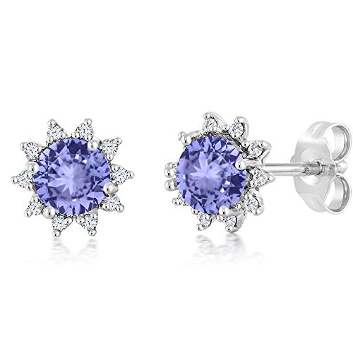 Gem Stone King 18K White Gold Gemstone Birthstone and White Diamond Earrings | Halo Stud Earrings for Women | White Gold Earrings for Women