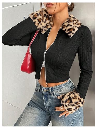 Milumia Women's Leopard Print Y2k Crop Jacket Faux Fur Trim Coat Outwear Clubwear3