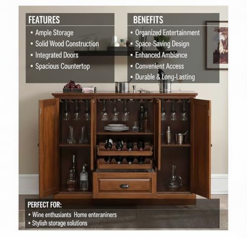 Image of APRODZ Solid Mango Wood Bar Cabinet - Luxury Wooden Wine Cabinet with Glass Storage Rack, Shelves & Doors for Living Room & Dining Area (Walnut)