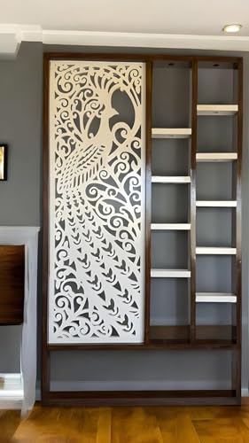 Image of MKH KRAFTS Wooden Carved Room Divider & Partition Shelf Handcrafted Multifunction Room Separator Wall Panel with Storage Display Racks 72x48 Inch for Living Room, Bedroom Kitchen
