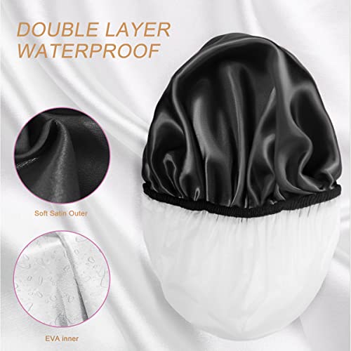 Aquior Shower Cap, Extra Large Shower Cap For Men, Satin Eva Double Layer Waterproof Reusable Hair Cap For Women Long Hair(All Black 4 Pack) #TOP4