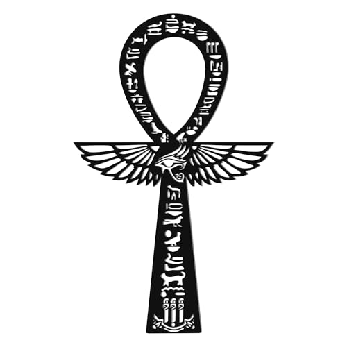 Slickss Ankh Winged & Hieroglyphs Ancient Egyptian Metal Wall Decor- Sacred Life Symbol Art for Home, Indoor Outdoor Decor (15.75"x9.84", Black)
