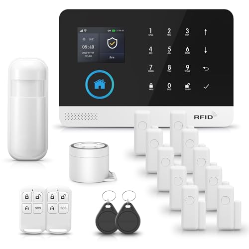PGST Sistema di Allarme Casa Senza Fili, GSM, 4G,Kit allarme WiFi DIY con 1 Sirena, 10 Sensori, 2 Telecomandi e 1 Sensore di movimento, 2 RFID, Antifurto Lavora con Alexa(PG103-4G)