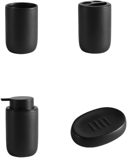 Ceramic Bathroom Accessories 4-Piece Set - Bathroom Press Hand sanitizer Bottle, Cup, Toothbrush Holder, soap Dish, Black, 0.7 pounds, 3.14 inches Long, 4.33 inches Wide, 4