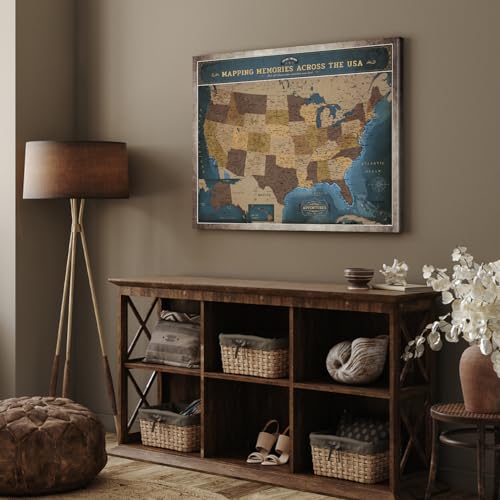 Image of DECORARTS - Deep Blue Vintage USA Travel Map Canvas with Pins, US Map for Travel, for Home Office, Bedroom or Study, Ready to Hang, 30x24''
