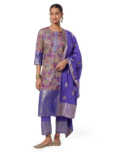 Image of BIBA Women Voile Straight Printed Kurta Slim Pant Suit Set