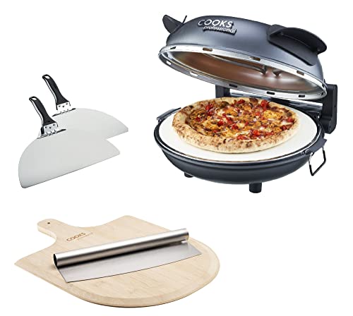 Electric Pizza Oven Energy Efficient with Stone Base 1200w Glass Window 12 inch 31cm with Pizza Paddles 2 Year Warranty by Cooks Professional (Pizza Oven with Cutter & Board, Grey)