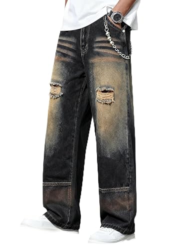 DISLANBO Mens Ripped Jeans Relaxed Fit Straight Leg Y2K Denim Pants Hip hop Streetwear Trousers Washed Dark Blue
