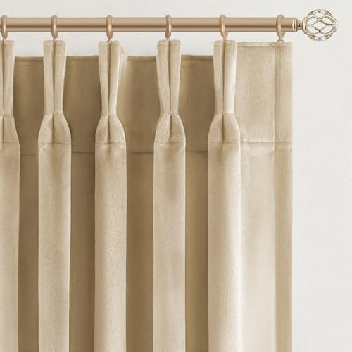 Drapenova Beige Velvet Pinch Pleated Curtains 84 Inches Long for