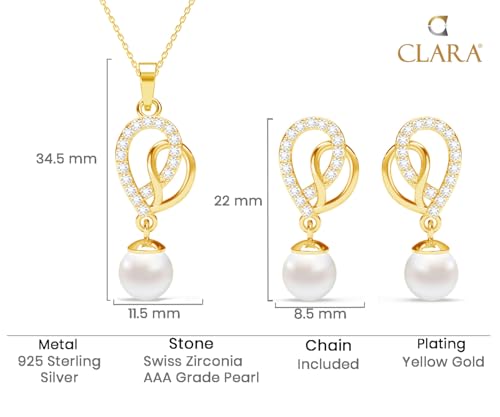 Image of CLARA 925 Silver Zahab Pearl Interlocked Pendant Earrings Chain Necklace