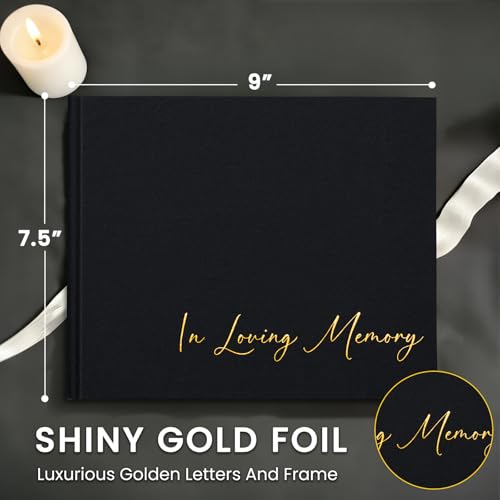 Image of Funeral Guest Book for Memorial Service, in Loving Memory 9x7.5 | 330 Entries, Table Sign Card Included, Gold Stamping, Oxford-Textured Paper Cover, Minimalist Design, Black