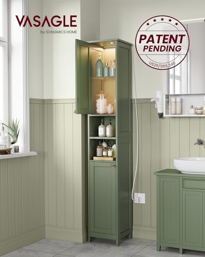 Image of VASAGLE Tall Storage Cabinet with Lights, Slim Freestanding Cabinet with Adjustable Shelves, for Small Spaces, Bathroom, Living Room, Modern, 11.8 Inches Wide, Forest Green UBBC566C01