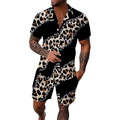 Duohropke Conjunto hawaiano de 2 piezas para hombre, diseño de leopardo, traje de verano, traje informal de playa, manga corta, con botones, camisa y pantalones cortos de playa, chándal, chándal para