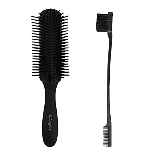 Nuangela 9 Rows Hair Brush With Edge Control Brush, Doubled Sided Eyelashes Eyebrows Comb&Brush, Easy Clean Removable Hairbrush For Styling Detangling Shaping Smoothing Blow-Drying Separating,Defining Curls For Curly Hair (Black Set) #TOP24