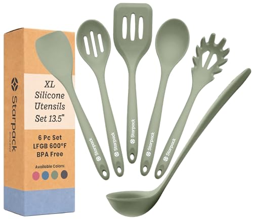 Starpack Like a Boss XL Silicone Cooking Utensils Set (6-Piece, 13.5') - LFGB Certified, 600°F Heat Resistant, BPA-Free - Heavy-Duty Steel Core, Dishwasher Safe - for Nonstick Cookware, Sage Green